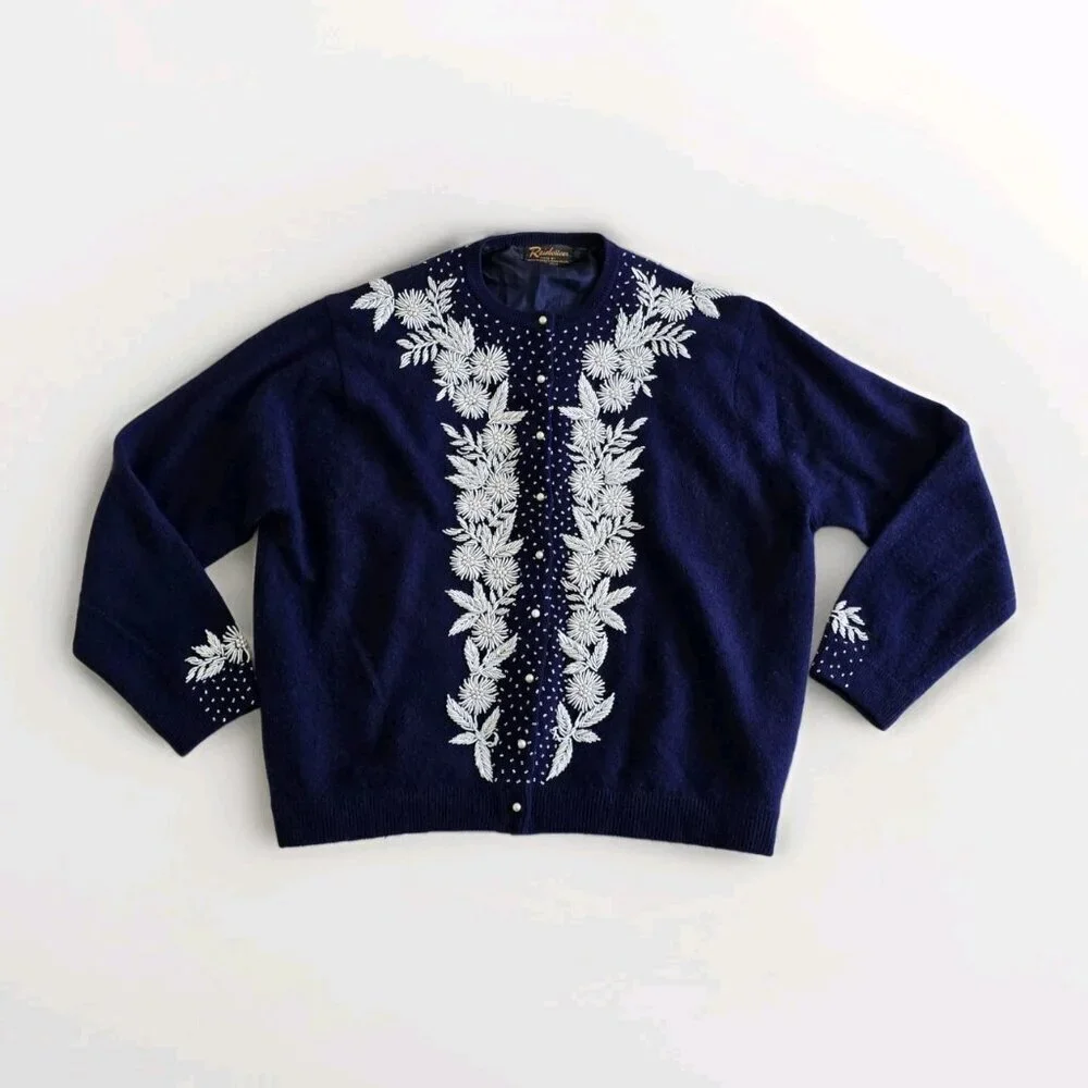 Vtg Embellished Beaded 1960s Cardigan Womens 44 L Blue Lined Floral Art To Wear - Picture 10 of 16